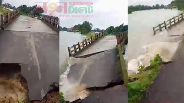 বন্যার পানির তোড়ে নিমিষেই ভেঙে গেলো ব্রিজ - Natun Sylhet